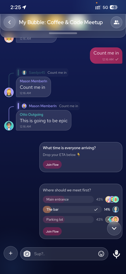 Bubbles — real-time group chat with live polls and Join Flow