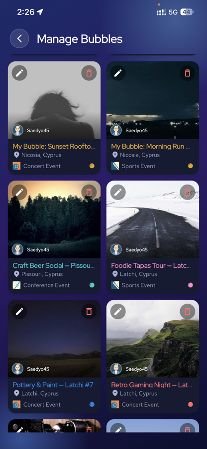 Bubbles — manage created bubbles with events and geofences
