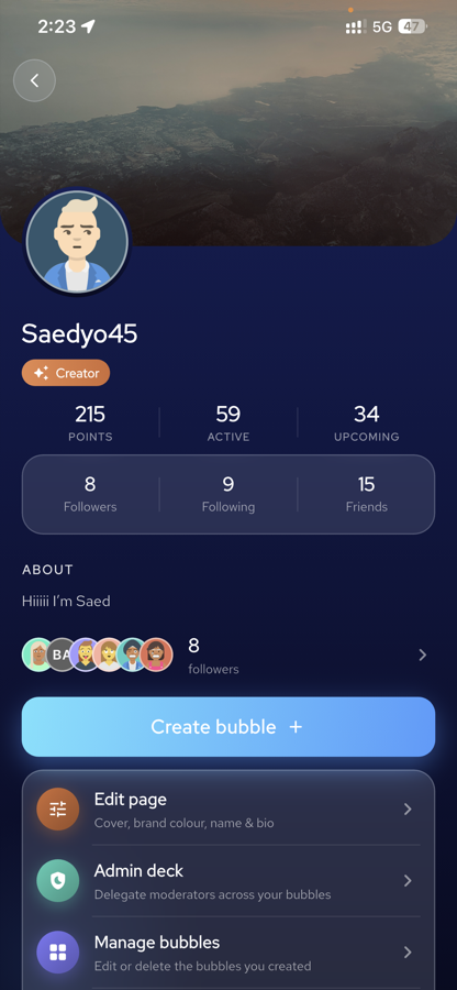 Bubbles — creator profile with points, followers and bubbles