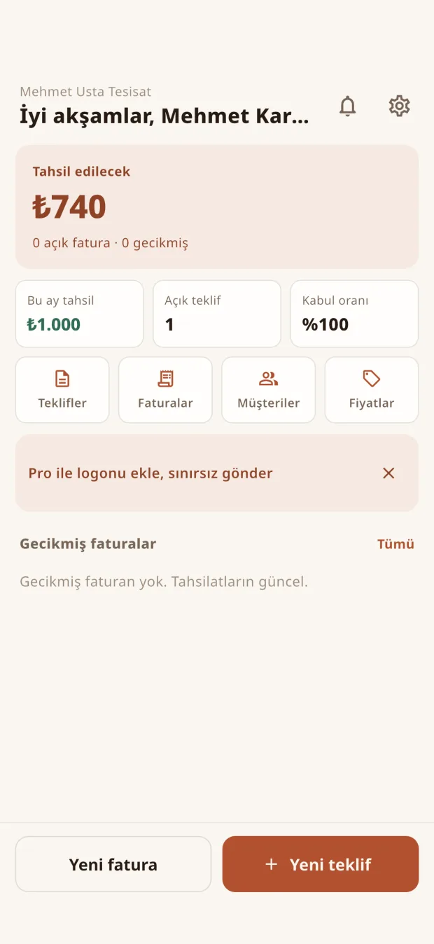 Usta Bey — receivables dashboard in Turkish