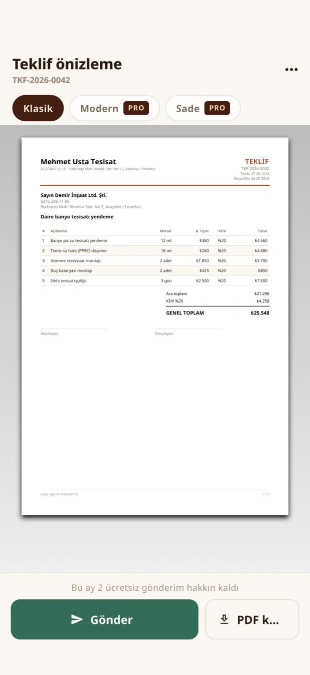 Usta Bey — print-ready PDF quote with KDV